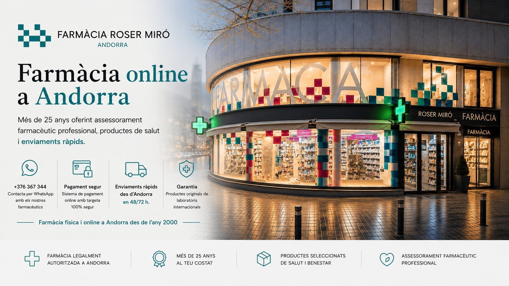 Farmàcia online i física a Andorra des de l'any 2000. Assessorament farmacèutic professional · Enviaments ràpids a Espanya · Compra segura
