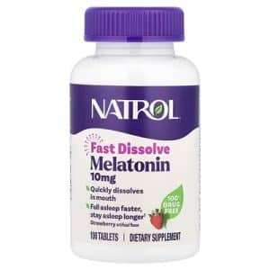 Melatonina Natrol 10 mg Fast Dissolve sabor fresa, formato sublingual, disponible en 60 o100 comprimidos